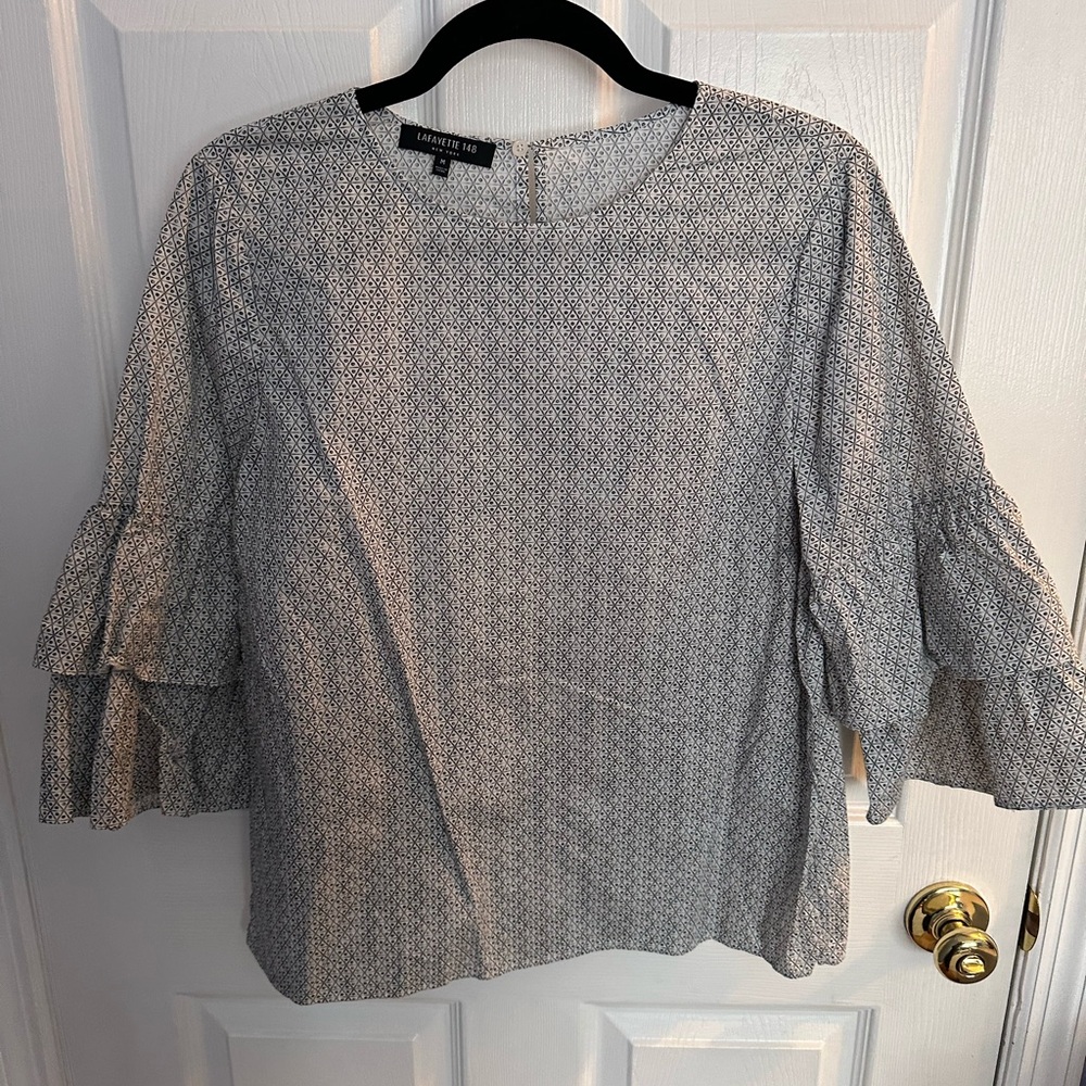 Lafayette 148 New York Patterned Ruffle Sleeve Blouse - Black and White